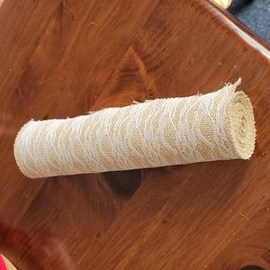 White Lace Covered Burlap Material Fabric